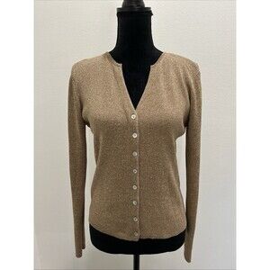 Joseph A. Womens Sz M Cardigan Silk Sweater Gold Metallic Vintage Button Up